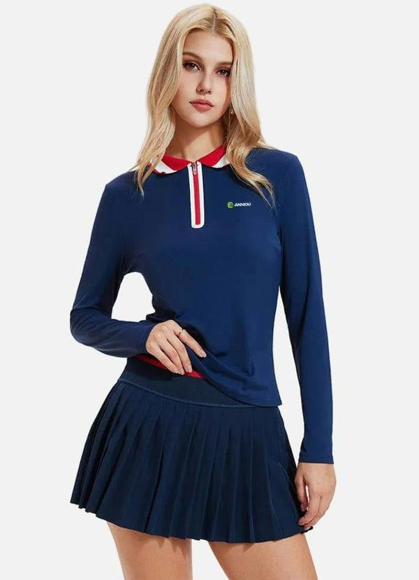 Anniou UPF 50+ Long-Sleeve Polo Pickleball Skirt Set - navy