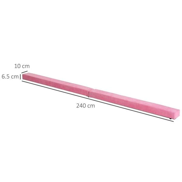 Pink balance beam with 240 cm length and 10 cm wide soft top.