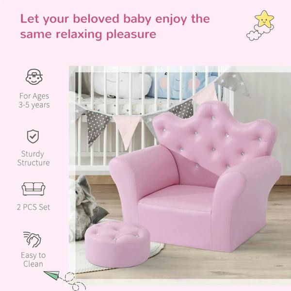 Pink kids armchair with tufted back and round ottoman, 2-piece set