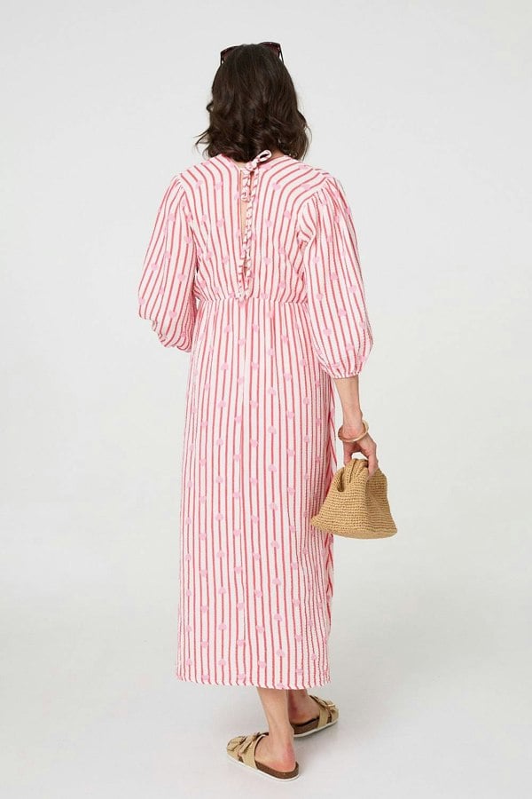 Red | Striped Empire 3/4 Sleeve Maxi Dress

