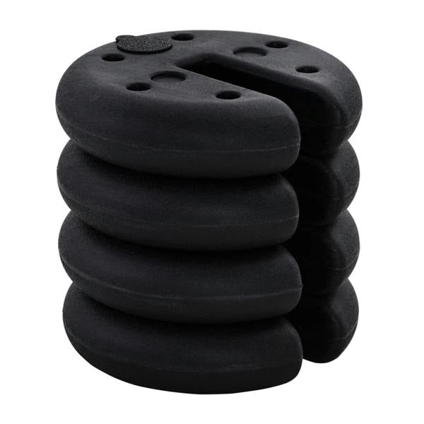 Black tent leg weight plates, stacked set with multiple round holes for filling