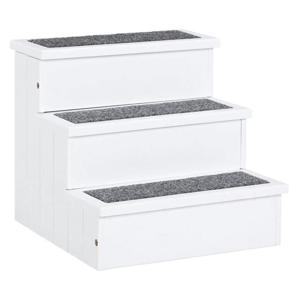 White 3-step pet stairs with dark carpet treads and front storage drawers