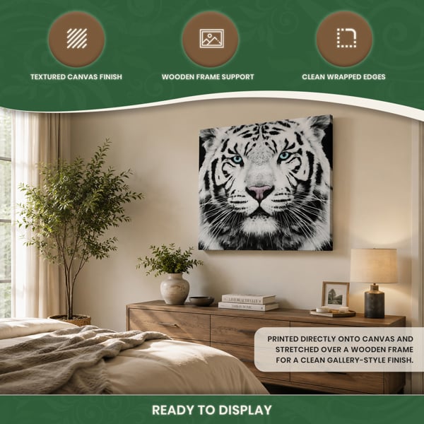Large Siberian Tiger Canvas Print, Black and White Face Portrait With Coloured Eyes, 60 x 60 cm, Stretched Canvas