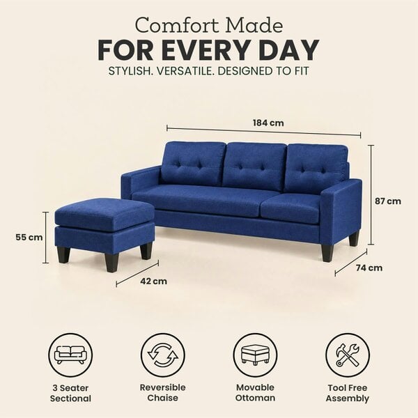 Kosy Koala Corner Sofa Fabric Sectional Sofa with Ottoman L-shaped Blue Sofa Couch