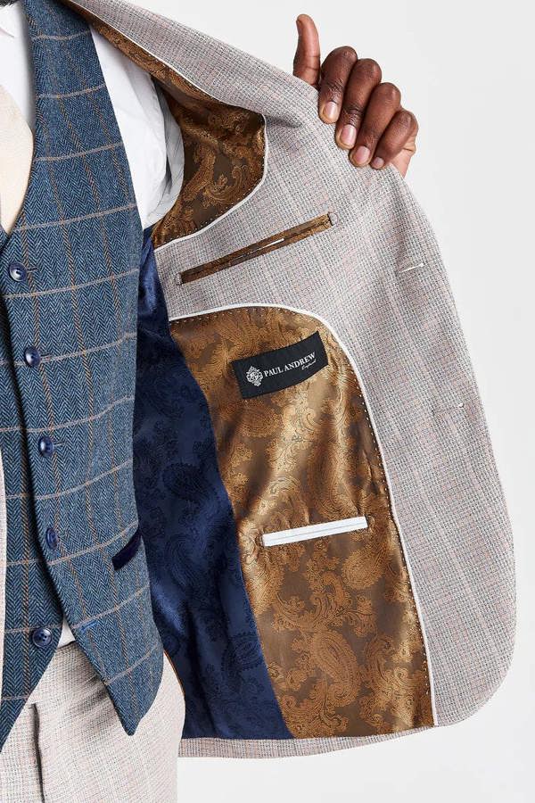 Paul Andrew Leo Beige Suit with Harris Navy Tweed Waistcoat