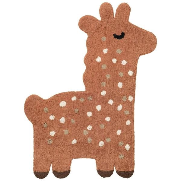 Cute deer-shaped rug with brown and white spots on a white background