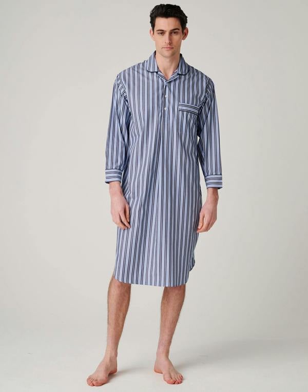 British Boxers Men's Crisp Cotton Nightshirt – Navy Spark Stripe