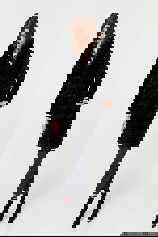 Black | Faux Fur Thigh Length Hooded Jacket
