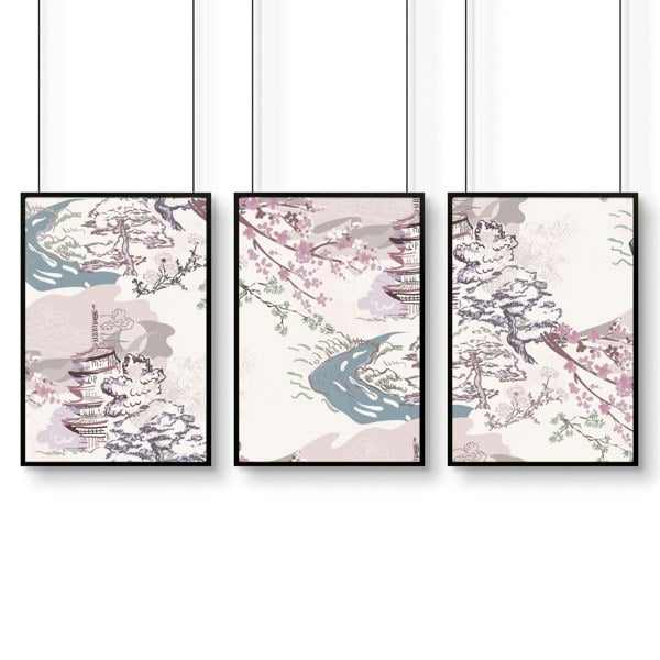 Set of 3 wall art for living room | set of 3 Chinoiserie wall art