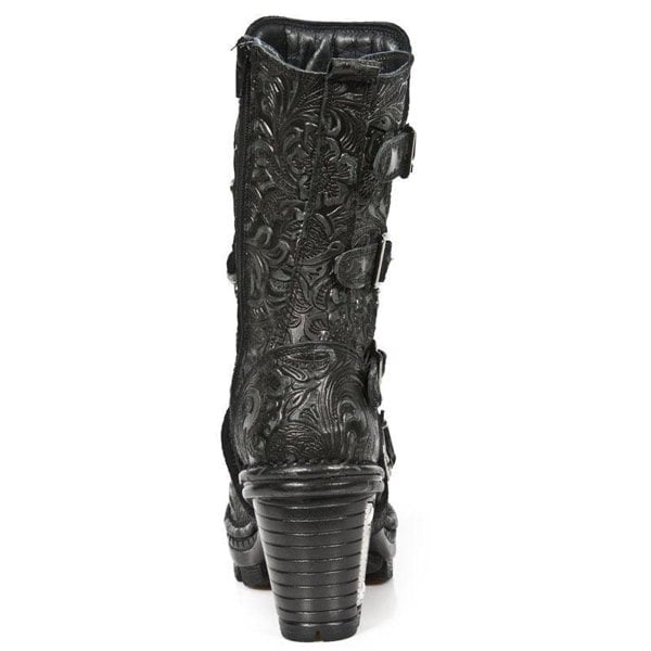 New Rock NEOTR005-S25 Vintage Floral Black Gothic Rock Punk Ladies Leather Boots