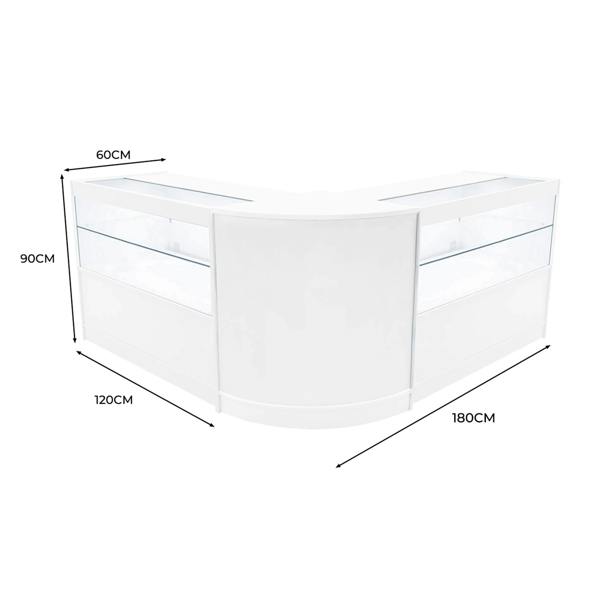 Curved white LED shop counter set with glass display sections, measuring 60cm by 180cm, ideal for retail environments
