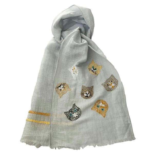 Hayley & Co Hand Embroidered 100% Linen Scarf with Cat face design