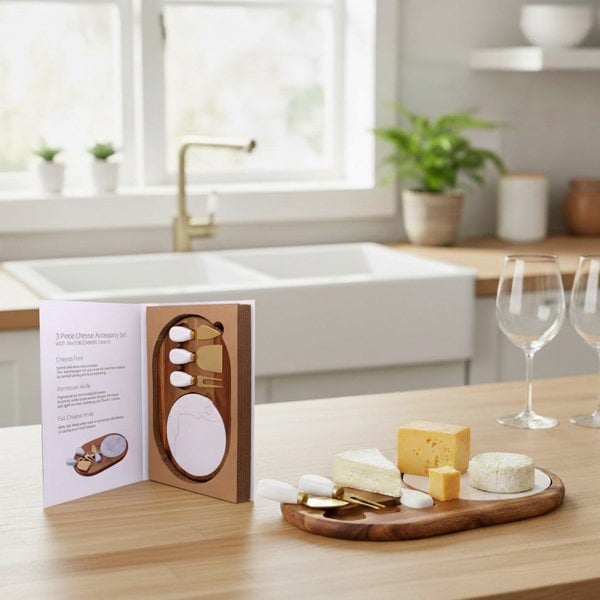 Cheese board set with packaging on a kitchen counter