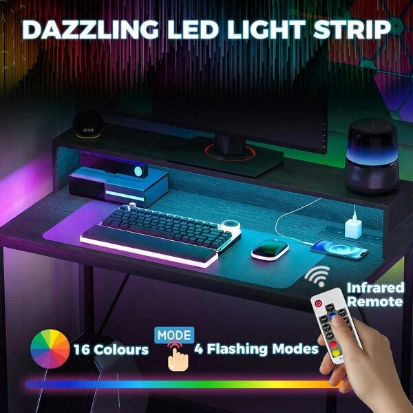 Gaming Desk, 100cm Computer Desk with LED Lights, Power Outlets, Monitor Stand and Remote, Black Wood-Effect