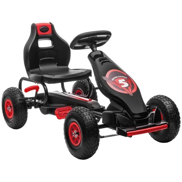 Kids pedal go-kart with adjustable seat, black body, red accents, thick inflatable tires