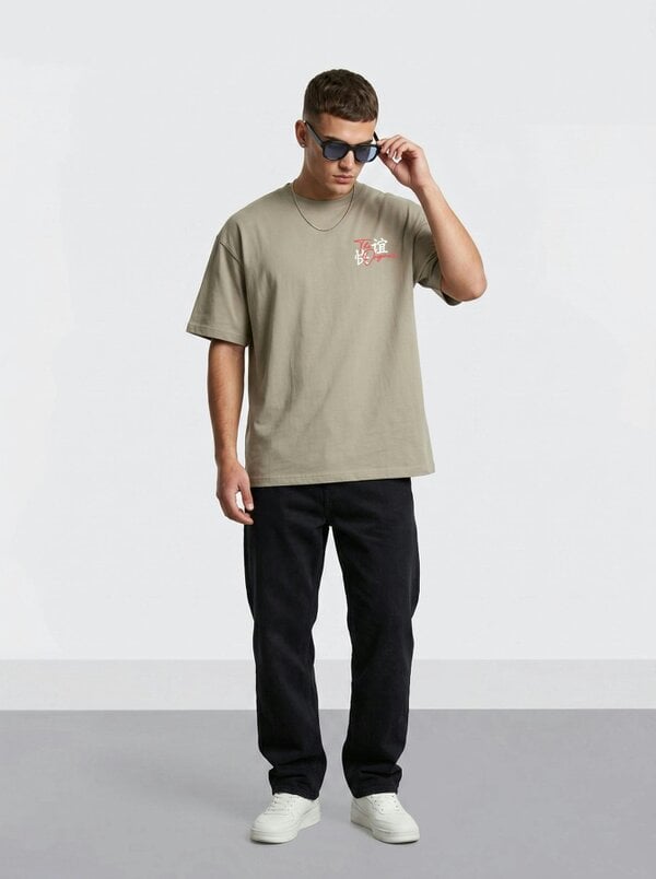London Attitude Tokyo Dragon Premium Organic Cotton Relaxed Fit T-Shirt - Stone