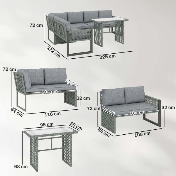 6 Seater Rattan Garden Furniture Set with 3 Loveseats, Table, Patio Rattan Furniture Corner Sofa Set, Grey