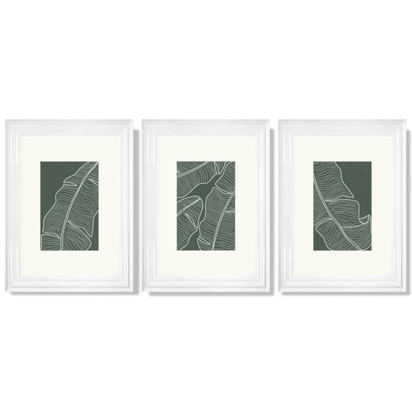 Set of 3 Minimal Green and Cream Botanical Leaves Framed Art Prints with Glossy White Frames