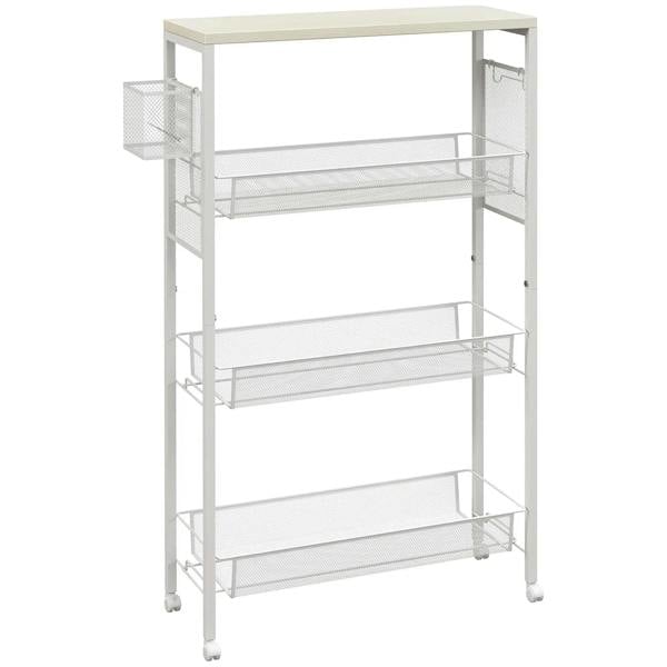 White 3-tier kitchen cart with three steel wire baskets and solid top, side access panels.