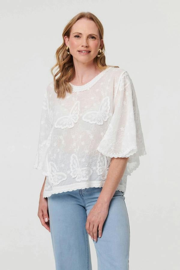 White | Butterfly Textured Lace Trim Blouse