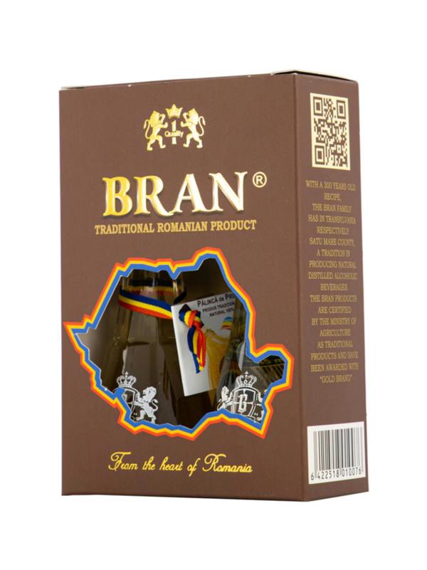 Bran (gift set / taste pack) plum brandy and plum schnapps in two traditional glasses (Set miniaturi palinca prune si rachiu prune in toi) 2x45ml