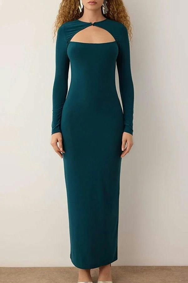 WOVCOR Elegant Knitted Evening Dress with Cut Out Detail