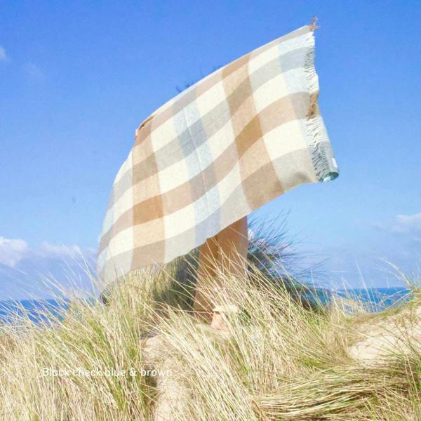British Lambs Wool Blanket - brown and blue check pattern

