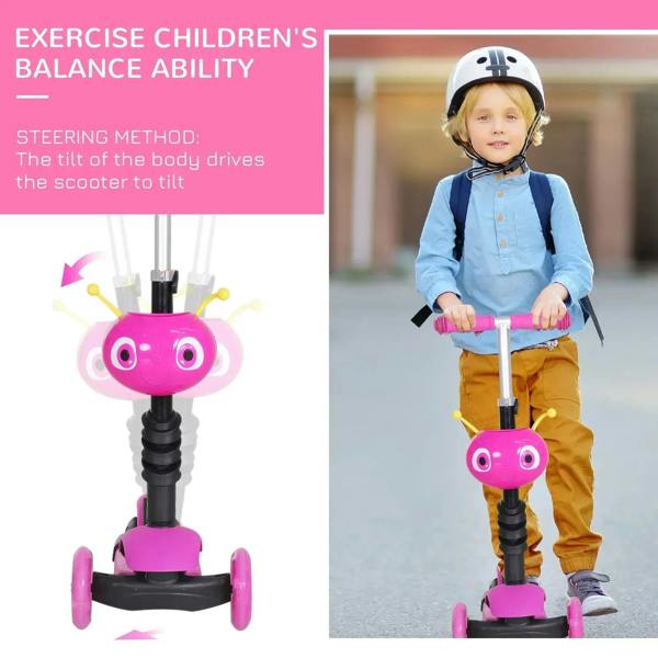 Pink kids balance scooter with adjustable handle and three-wheel design