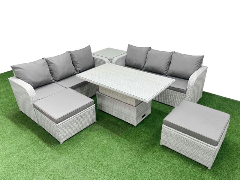 Fimous 8 Seater Patio Sofa Set, Wicker Rattan, Adj Height Table, High Back Lounge Sofa, 2 Big Footstools and Side Table, Light Grey
