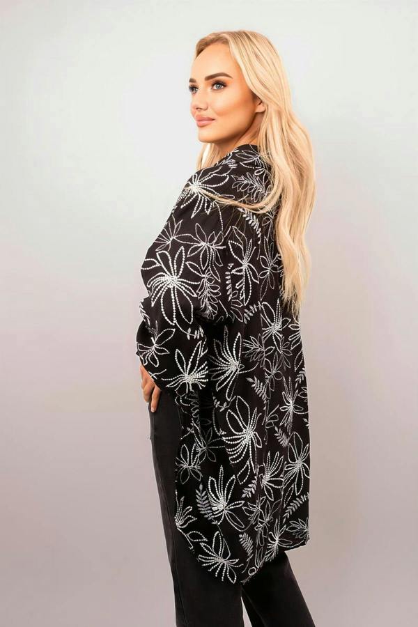 Erin Floral Print Oversized Long Sleeve Button Down Top - Black