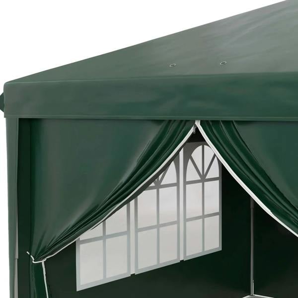 Dark green gazebo corner with curtained doorway and white window wall panel