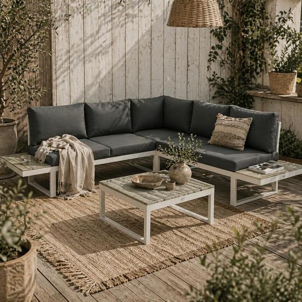 Wyld Haus Vayo Metal White Frame 5 Seater Reclining Corner Garden Sofa Set With Wood Effect Table And Grey Cushions