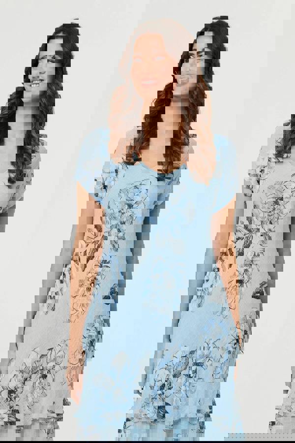 Blue | Floral Frilled Hem Knee Length Dress