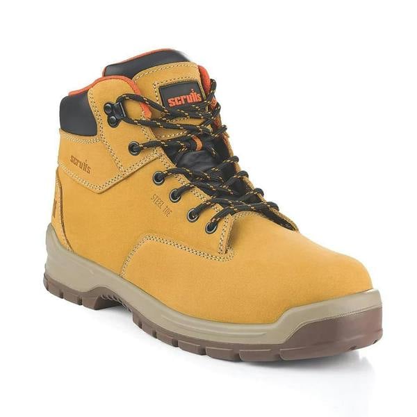 Scruffs Stratton Mens Safety Lace Up Steel Toe Ankle Boots, yellow safety boots with black and orange laces and steel toe cap for durability.