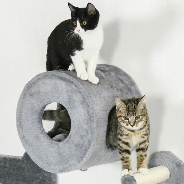 Grey wall-mounted cat tree with circular tunnel and raised perch platform