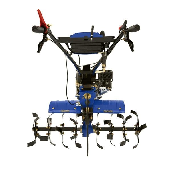 7.5hp petrol rotavator with a blue body, black handles, and sharp metal tines, designed for efficient soil tilling and cultivation