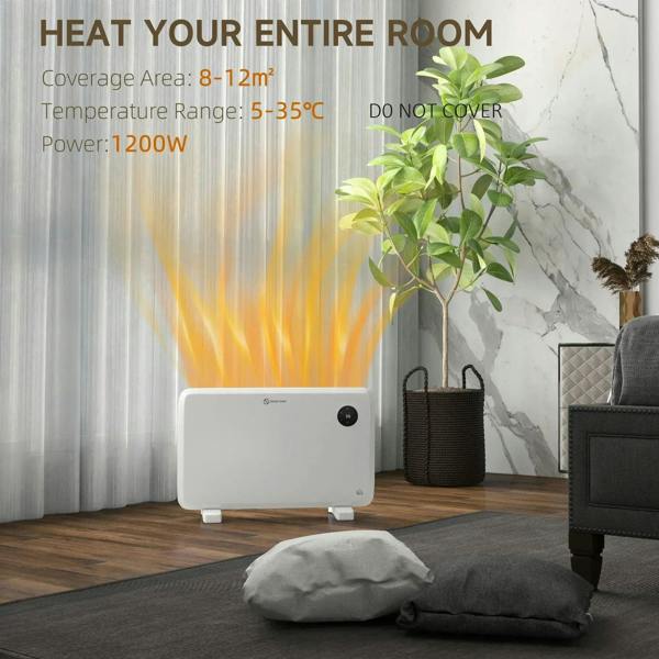 White freestanding electric convector heater with black thermostat dial and visible heat output.