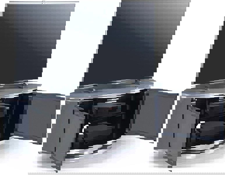 MDA Designs LUNA Grey Oval Cabinet with Grey Profiles & Grey BeamThru Glass Doors Suitable for Flat Screen TVs up to 50"