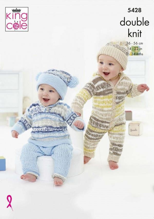 King Cole Cherish DK & Cherished DK Knitting Pattern 5428, Onesies, Sweaters for Baby, Newborn - 24 Months