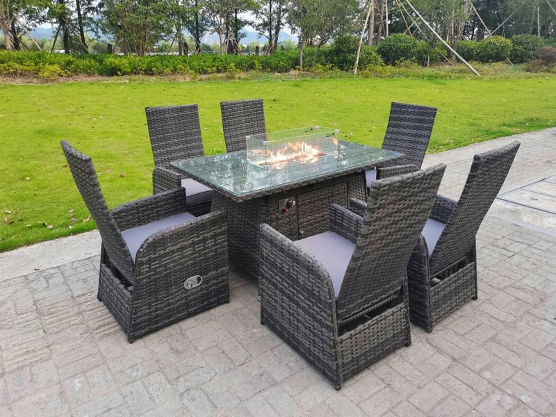Fimous Rattan Garden Furniture Gas Fire Pit Rectangle Oblong Dining Table And Chairs 6 Seater Plus Rectangular Table