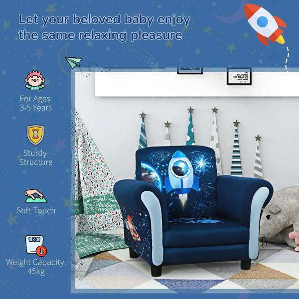 Blue kids armchair with rocket space print on back, padded arms and seat