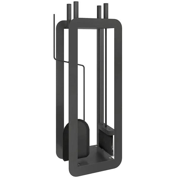 Black metal fireplace tool set stand with poker, brush, shovel, and tongs