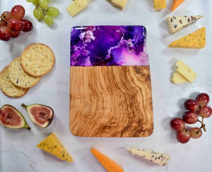 Kate Chesters Art Olive Wood Cutting Board with Purple Resin Art