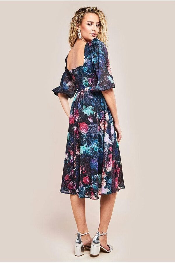 Goddiva Puff Sleeve Shirred Back Midi Dress - Black by Goddiva