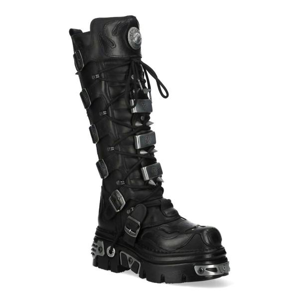 New Rock M-161-C10 Knee High Black Leather Spiked Gothic Boots