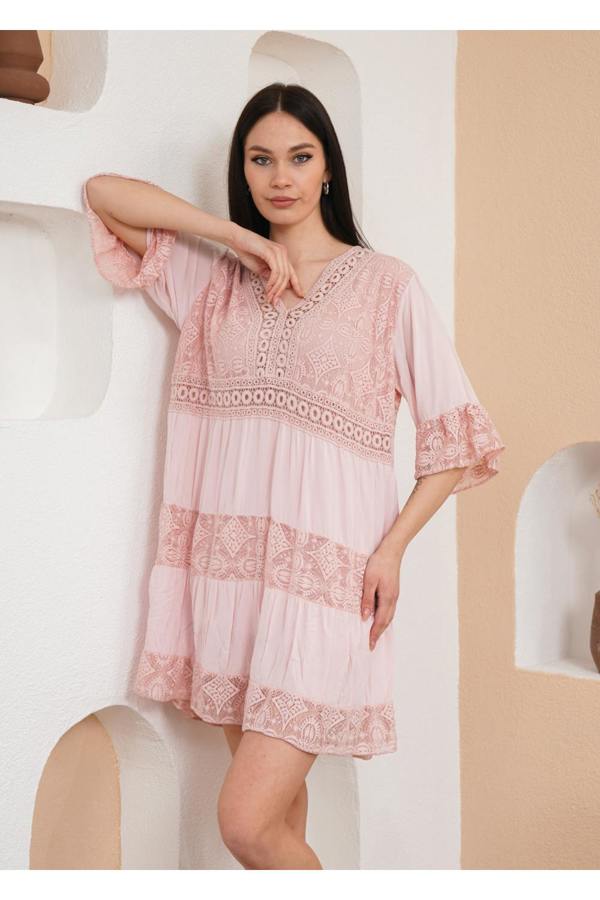 Hoxton Gal Relaxed Fit 3/4 Sleeves Lace Detailed V Neck Mini Dress in Pink
