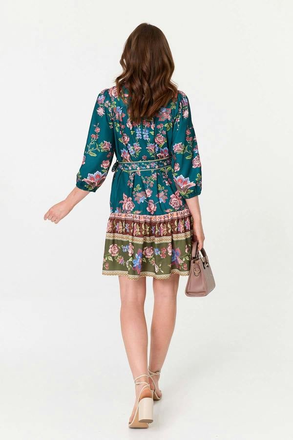 Green | Floral Border Print Short Shirt Dress