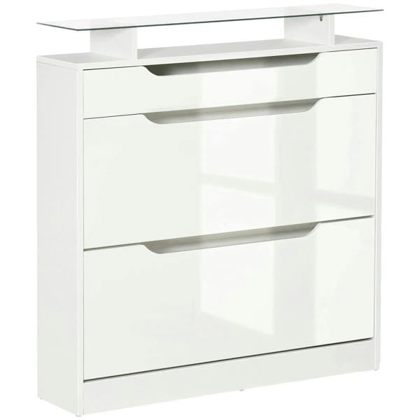 White shoe storage cabinet with slide-out drawer and tempered glass top, front flip doors closed