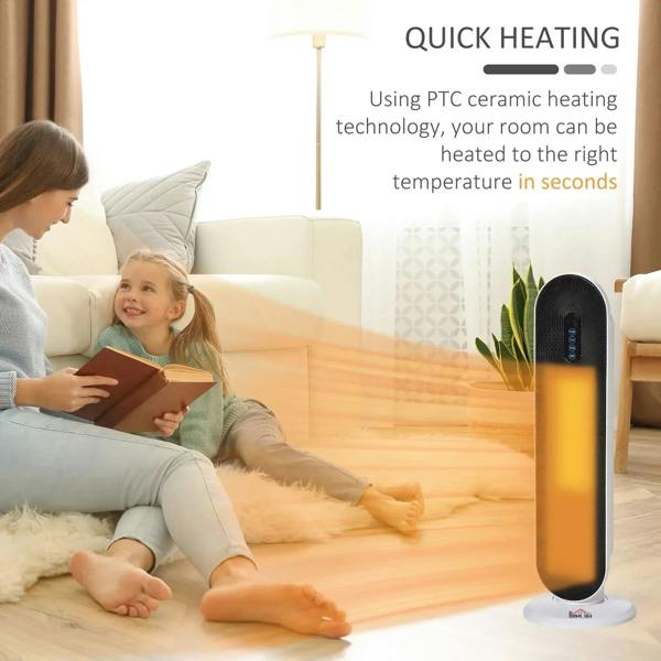 White ceramic tower space heater with warm amber heat glow