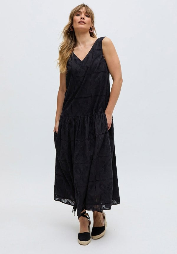Raffya Squire All Over Cut Work Drop Waist Midi Dress In Black